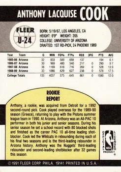1990-91 Fleer Update Anthony Cook #U-24 card back image