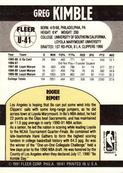 1990-91 Fleer Update Bo Kimble #U-41 card back image