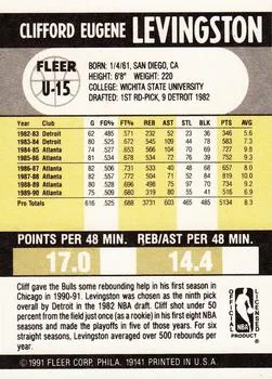 1990-91 Fleer Update Cliff Levingston #U-15 card back image