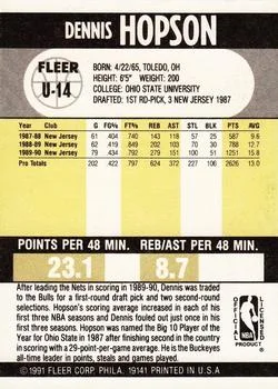 1990-91 Fleer Update Dennis Hopson #U-14 card back image