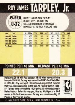 1990-91 Fleer Update Roy Tarpley #U-22 card back image