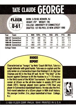 1990-91 Fleer Update Tate George #U-61 card back image