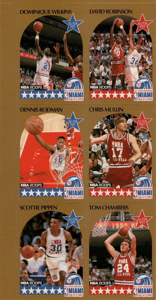 1990-91 Hoops Dominique Wilkins / David Robinson / Dennis Rodman / Chris Mullin / Scottie Pippen / Tom Chambers [All-Star Program Panels] All-Star Program Panels #NNO card image