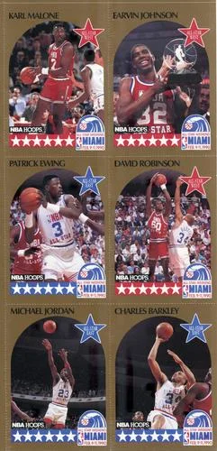 1990-91 Hoops Karl Malone / Magic Johnson / Patrick Ewing / David Robinson / Michael Jordan / Charles Barkley [All-Star Program Panels] All-Star Program Panels #NNO card image