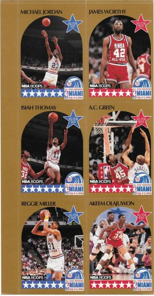 1990-91 Hoops Michael Jordan / James Worthy / Isiah Thomas / A.C. Green / Reggie Miller / Akeem Olajuwon [All-Star Program Panels] All-Star Program Panels #NNO card image