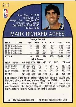1990-91 Hoops Mark Acres #213 card back image