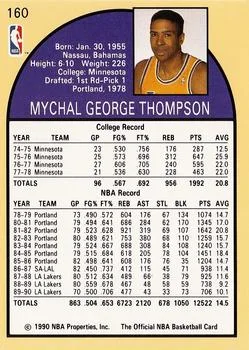 1990-91 Hoops Mychal Thompson #160 card back image