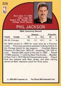 1990-91 Hoops Phil Jackson CO #308 card back image
