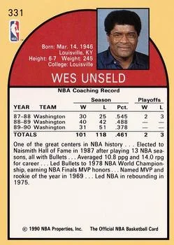 1990-91 Hoops Wes Unseld CO #331 card back image