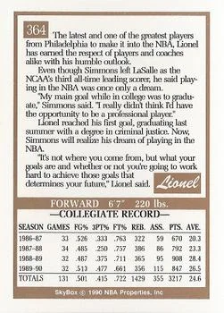 1990-91 SkyBox Lionel Simmons Draft Picks #364 card back image