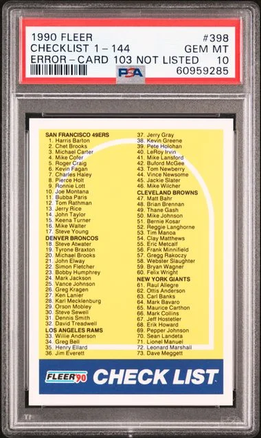 1990 Fleer Not Listed 398 Checklist 1-144 Error-Card #103 card image
