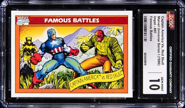 1990 Impel Marvel Universe Series I Famous Battles Captain America vs. Red Skull #97 card image