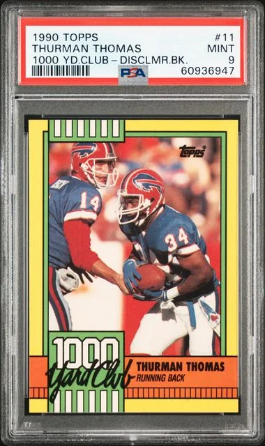1990 Topps Thurman Thomas 1000 Yard Club Disclaimer Back #11 card image