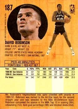 1991-92 Fleer David Robinson #187 card back image