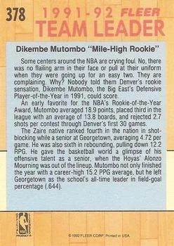 1991-92 Fleer Dikembe Mutombo #378 card back image