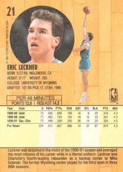 1991-92 Fleer Eric Leckner #21 card back image