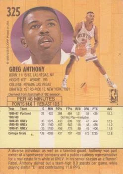 1991-92 Fleer Greg Anthony #325 card back image