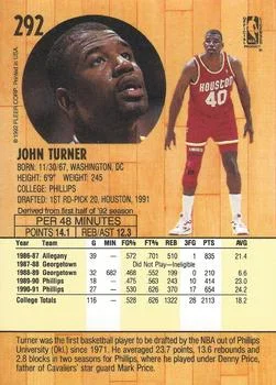 1991-92 Fleer John Turner #292 card back image