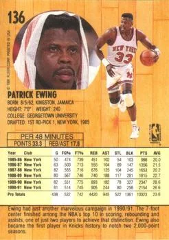 1991-92 Fleer Patrick Ewing #136 card back image