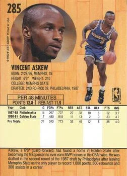 1991-92 Fleer Vincent Askew #285 card back image