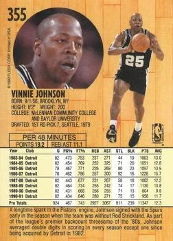 1991-92 Fleer Vinnie Johnson #355 card back image