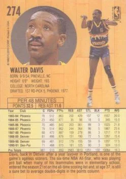 1991-92 Fleer Walter Davis #274 card back image