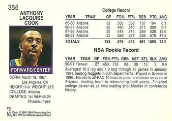 1991-92 Hoops Anthony Cook #355 card back image