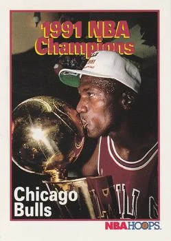 1991-92 Hoops B.J. Armstrong / Bill Cartwright / Horace Grant / Craig Hodges / Dennis Hopson / Michael Jordan / Stacey King / Cliff Levingston / NBA Championship Trophy / John Paxson / Will Perdue / Scottie Pippen / Scott Williams #543 card image