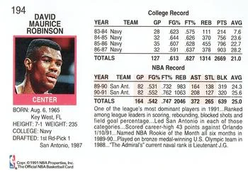 1991-92 Hoops David Robinson #194 card back image