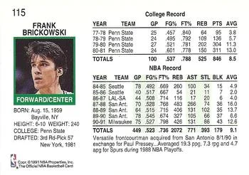 1991-92 Hoops Frank Brickowski #115 card back image