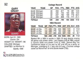 1991-92 Hoops Gary Grant #92 card back image