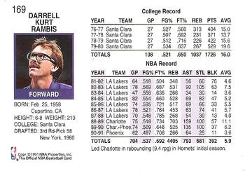 1991-92 Hoops Kurt Rambis #169 card back image