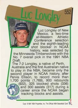 1991-92 Hoops Luc Longley Draft Picks #552 card back image