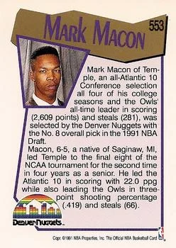 1991-92 Hoops Mark Macon Draft Picks #553 card back image