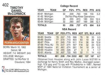 1991-92 Hoops Tim McCormick #402 card back image
