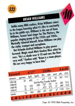 1991-92 SkyBox Brian Williams DFT #522 card back image