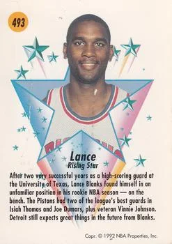 1991-92 SkyBox Lance Blanks RS #493 card back image