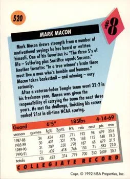 1991-92 SkyBox Mark Macon DFT #520 card back image