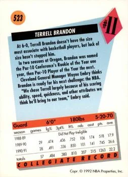 1991-92 SkyBox Terrell Brandon DFT #523 card back image