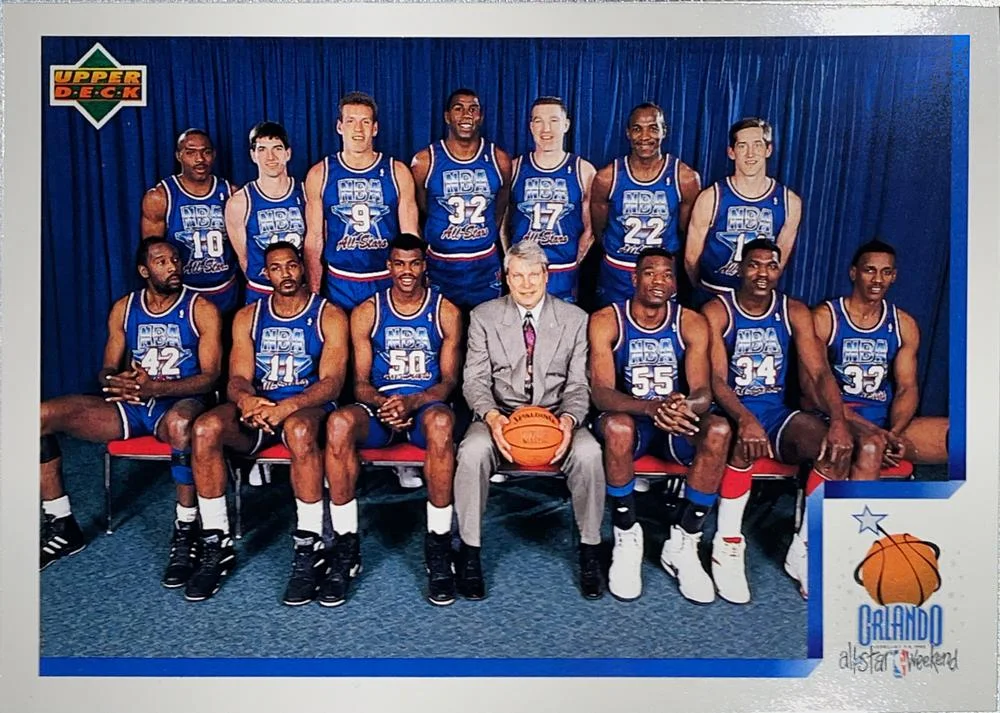 1991-92 Upper Deck Italian Clyde Drexler / Tim Hardaway / Jeff Hornacek / Magic Johnson / Dan Majerle / Karl Malone / Chris Mullin / Dikembe Mutombo / Hakeem Olajuwon / David Robinson / John Stockton / Otis Thorpe / James Worthy #AS , CL , VAR card image