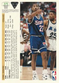 1991-92 Upper Deck Lionel Simmons #375 card back image