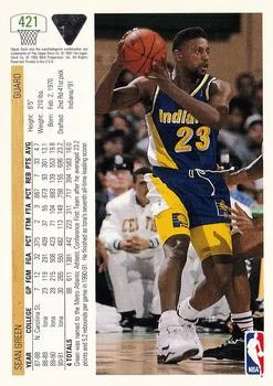 1991-92 Upper Deck Sean Green #421 card back image