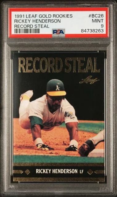1991 Leaf Rickey Henderson Gold Rookies Record Steal #BC26 card image