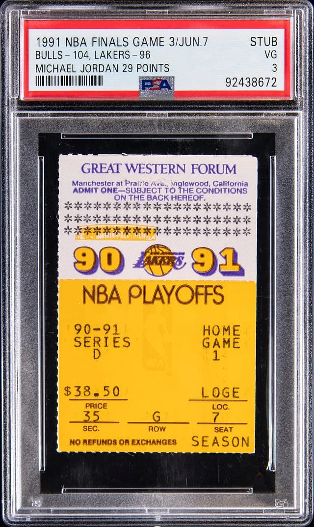 1991 NBA Finals Game 3 Ticket Stub - Chicago Bulls vs. Los Angeles Lakers - Michael Jordan 29 Points, 9 Rebounds, 9 Assists, Steals #4 card image