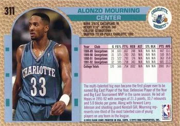 1992-93 Fleer Alonzo Mourning #311 card back image