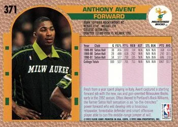 1992-93 Fleer Anthony Avent #371 card back image