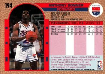 1992-93 Fleer Anthony Bonner #194 card back image
