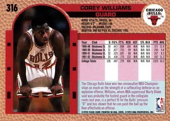 1992-93 Fleer Corey Williams #316 card back image