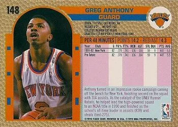 1992-93 Fleer Greg Anthony #148 card back image