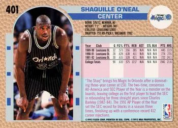 1992-93 Fleer Shaquille O'Neal #401 card back image